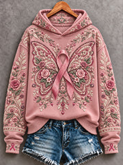 Women's Bohemian Style Breast Cancer Awareness Floral Art Printed Hoodie