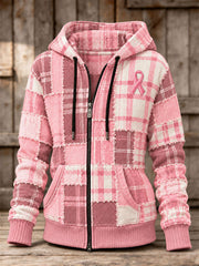 Women's Breast Cancer Awareness Checkered Pattern Zip-Up Hoodie