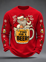 Men's Christmas Santa Claus Drink Beer Print Casual Waffle Long Sleeve T-Shirt