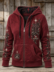 Women's Vintage Christmas Cross The Birth of Jesus Print Full Zip Hoodie