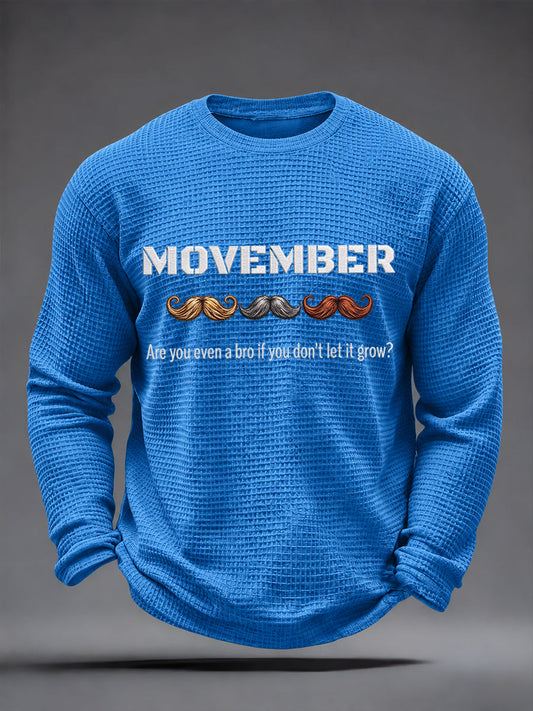 Men's Mustache Print Men's Health Support Graphic Waffle Long Sleeve T-Shirt