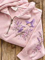 Women's Eurasian Blue Tit And Flower Pattern Casual Half-Zip Sweatshirt