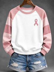 Women's Pink Striped and Pink Charity Ribbon Pattern Casual Raglan Sleeve Sweatshirt