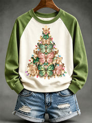 Women's Beautiful Butterfly Christmas Tree Print Casual Sweatshirt