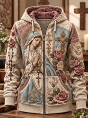 Women's Christ Floral Virgin Mary Art Print Zip-Up Hoodie