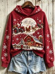 Women's Vintage Farm Christmas Santa Claus on Truck with Chickens Print Hoodie