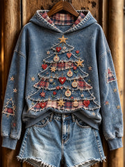 Women's Retro Christmas Tree Patchwork Pattern Design Casual Hoodie