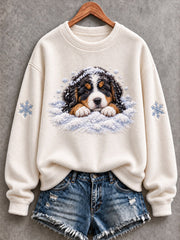 Women's Snowy Winter Bernese Mountain Dog In the Snow Print Flannel Sweatshirt
