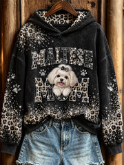 Women's Maltese Mom Peeking Dog Glitter Leopard Print Hoodie