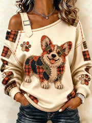Women's Patchwork-style Dog print Casual Off-Shoulder Sweatshirt