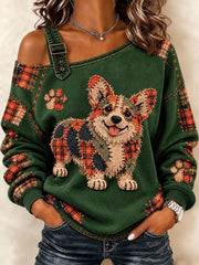 Women's Patchwork-style Dog print Casual Off-Shoulder Sweatshirt