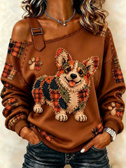 Women's Patchwork-style Dog print Casual Off-Shoulder Sweatshirt