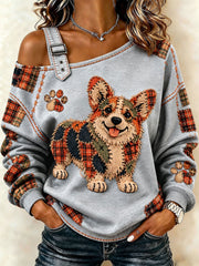 Women's Patchwork-style Dog print Casual Off-Shoulder Sweatshirt