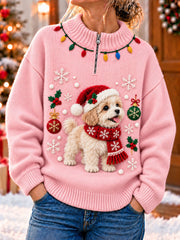 Women's Christmas Funny Dog Art Print Zipper Sweater