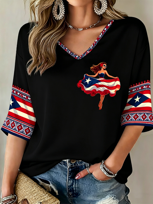Women's Puerto Rico Printed Mid-length Sleeves V-Neck T-Shirt