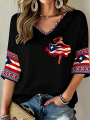 Women's Puerto Rico Printed Mid-length Sleeves V-Neck T-Shirt