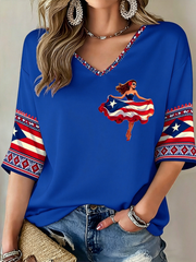Women's Puerto Rico Printed Mid-length Sleeves V-Neck T-Shirt