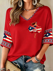 Women's Puerto Rico Printed Mid-length Sleeves V-Neck T-Shirt