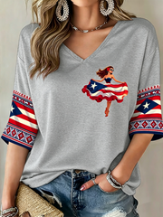 Women's Puerto Rico Printed Mid-length Sleeves V-Neck T-Shirt