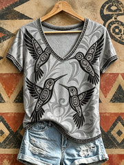 Women's Indigenous Hummingbird Art V-Neck T-Shirts