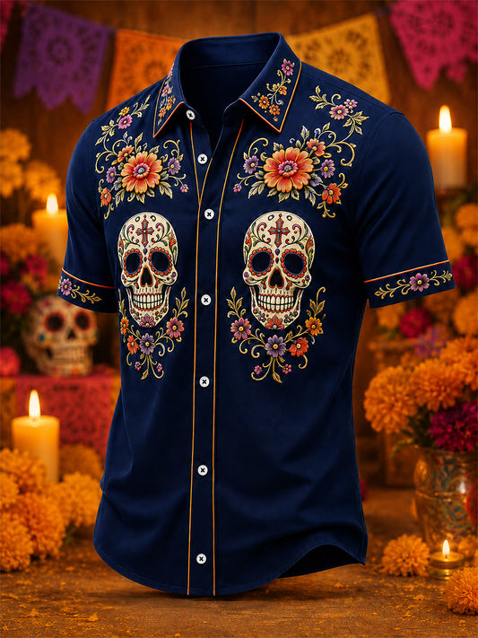 Men's Mexico Day of The Dead Art Print Casual Shirt