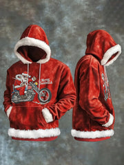 Men's Vintage Merry Christmas Biker Santa Print Casual Plush Hoodie