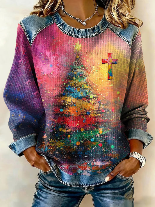 Women's Merry Christmas Christmas Tree Cross Waffle Denim Patchwork Top