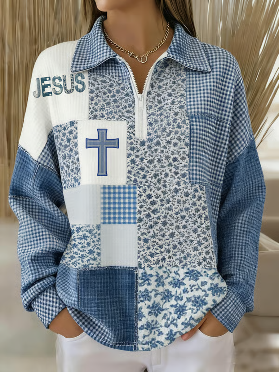 Women's Winter Blue and White Floral Jesus Cross Print Lapel Top