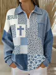 Women's Winter Blue and White Floral Jesus Cross Print Lapel Top