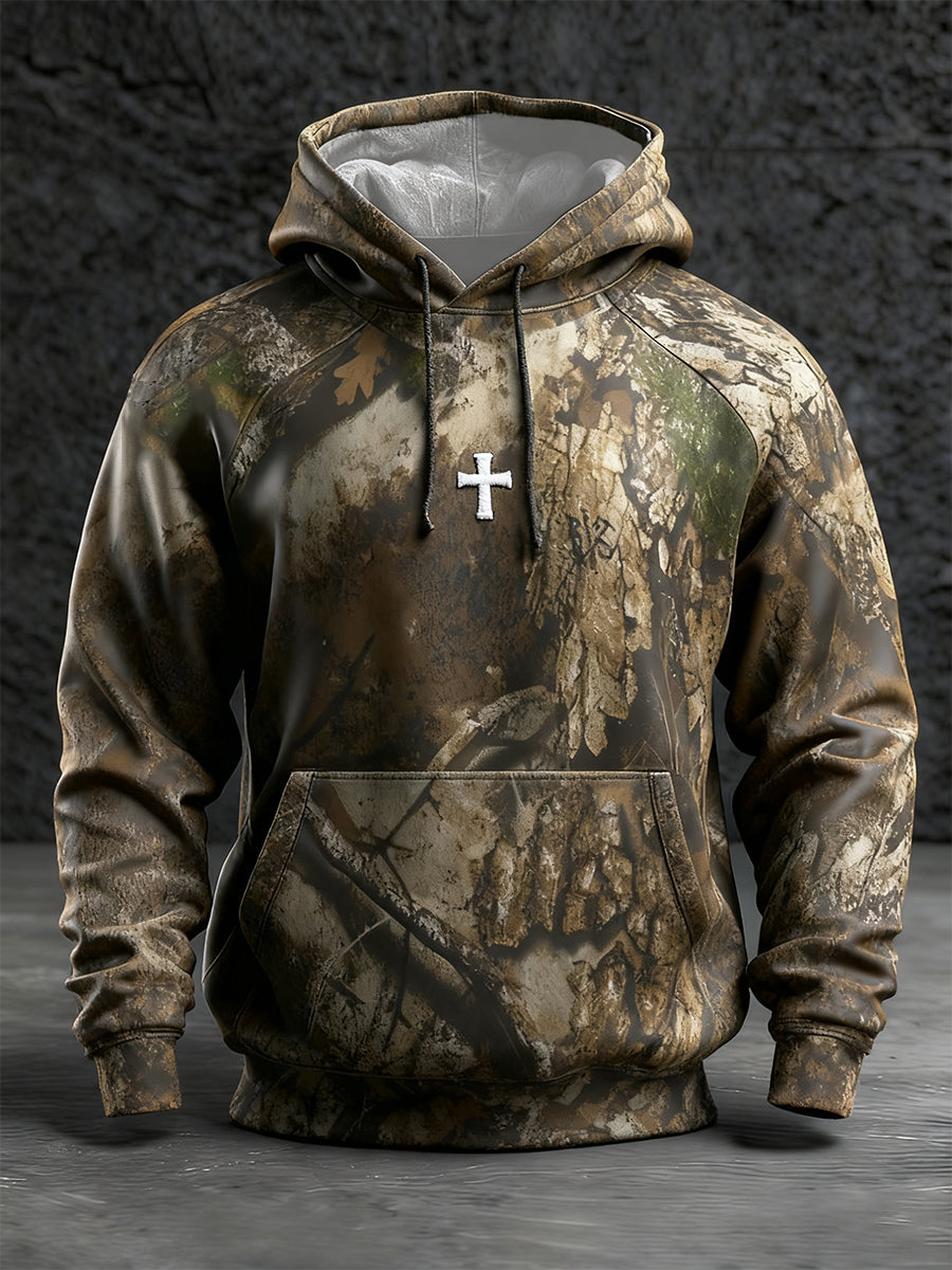 Men's Vintage Faith Cross Oversized Drop-Shoulder Hoodie with Pockets