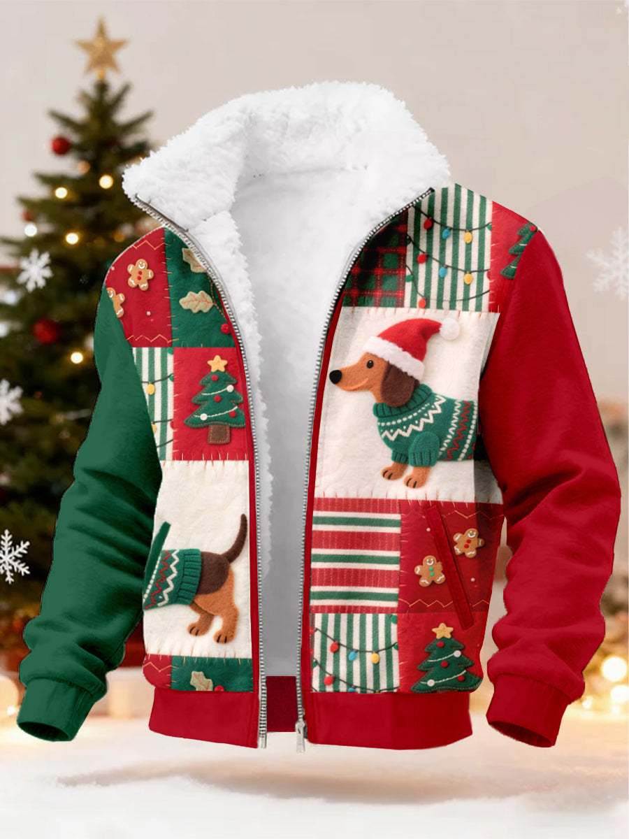 Men's Christmas Dachshund Pattern Patchwork Art Fuzzy Cardigan