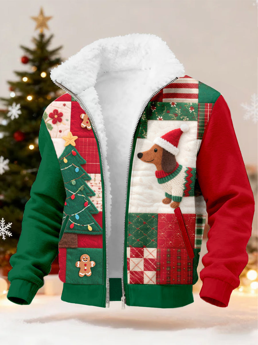 Men's Christmas Dachshund Pattern Patchwork Art Fuzzy Cardigan