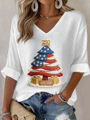 Women's 250th Anniversary Christmas Tree Print Casual T-Shirt