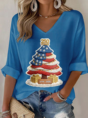 Women's 250th Anniversary Christmas Tree Print Casual T-Shirt
