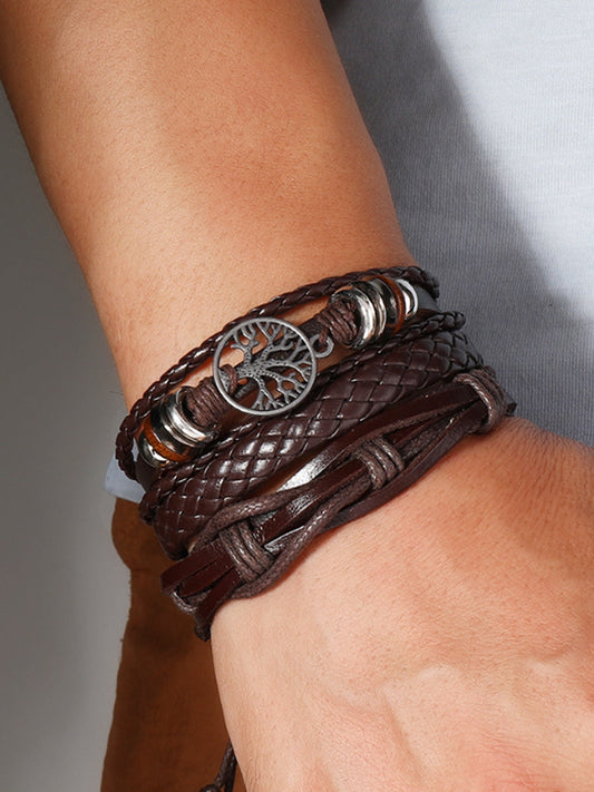 Men's Tree of Life Vintage Woven Personalized Leather Bracelet Three-Piece Set