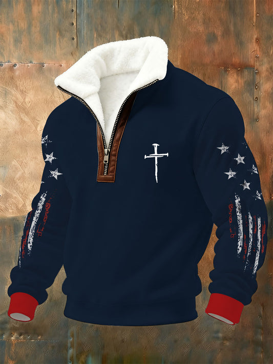 Men's Faith Cross Print Plush Stand Collar Shirt