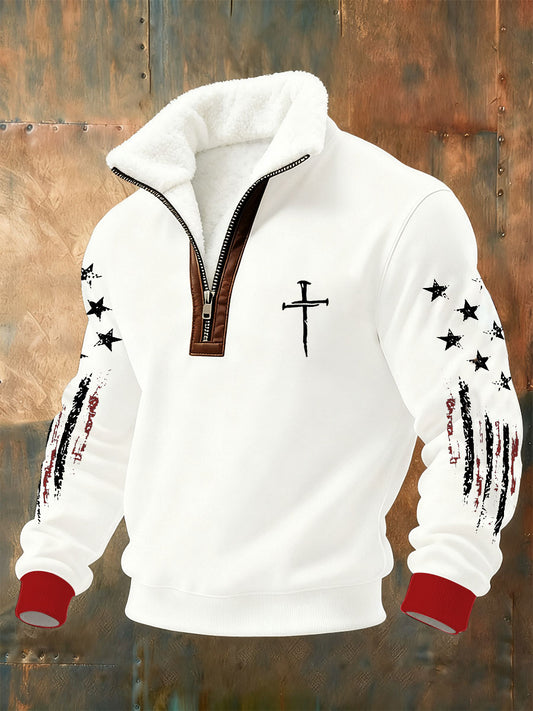 Men's Faith Cross Print Plush Stand Collar Shirt