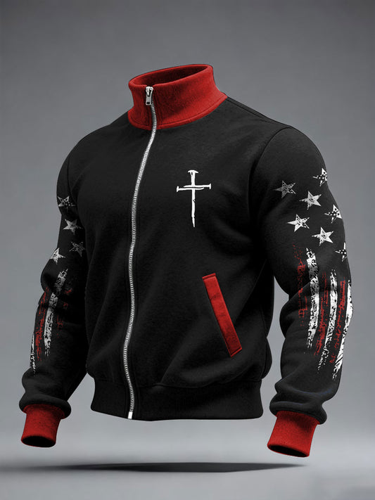 Men's Faith Cross Print Zipper Stand Collar Sweater