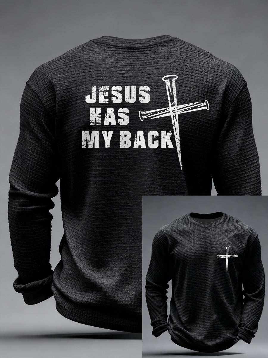 Men's Jesus Has My Back Cross Faith Print Casual Waffle Long Sleeve T-Shirt