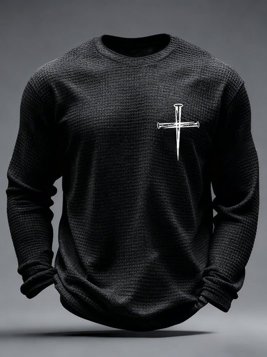 Men's Jesus Has My Back Cross Faith Print Casual Waffle Long Sleeve T-Shirt