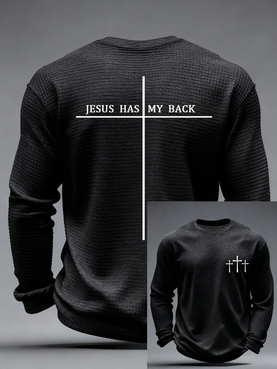 Men's Jesus Has My Back Cross Faith Print Casual Waffle Long Sleeve T-Shirt