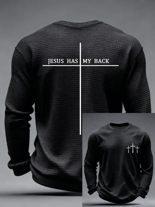 Men's Jesus Has My Back Cross Faith Print Casual Waffle Long Sleeve T-Shirt