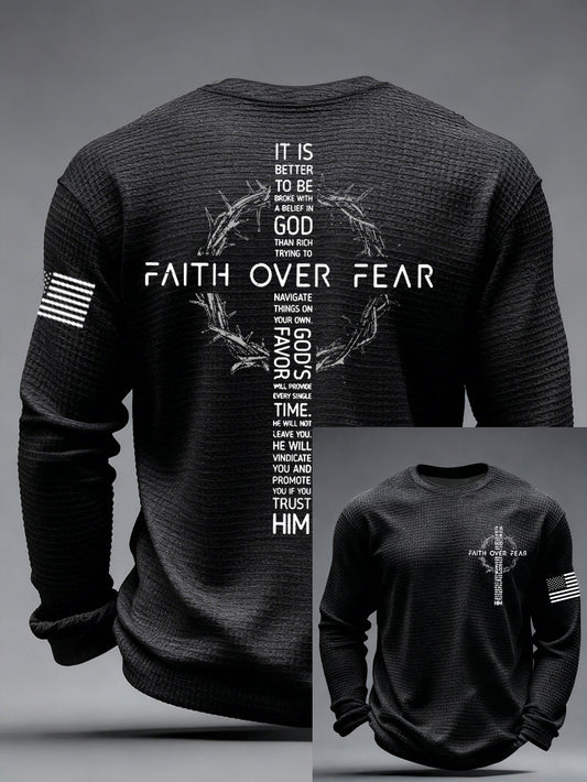 Men's Faith Over Fear Print Casual Waffle Long Sleeve T-Shirt