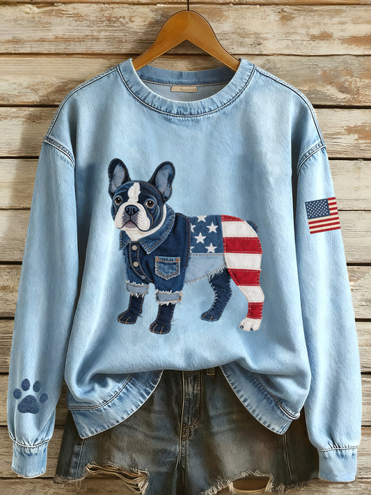 Women's American Flag Inspired French Bulldog Denim Patchwork Pattern Sweatshirt