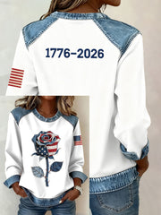 Women's American Flag Inspired Rose Pattern Denim Patchwork Sweatshirt