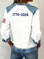 Women's American Flag Inspired Rose Pattern Denim Patchwork Sweatshirt
