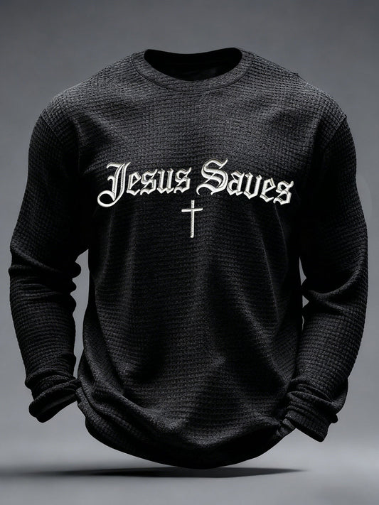 Men's Jesus Saves Waffle Print Casual T-Shirt