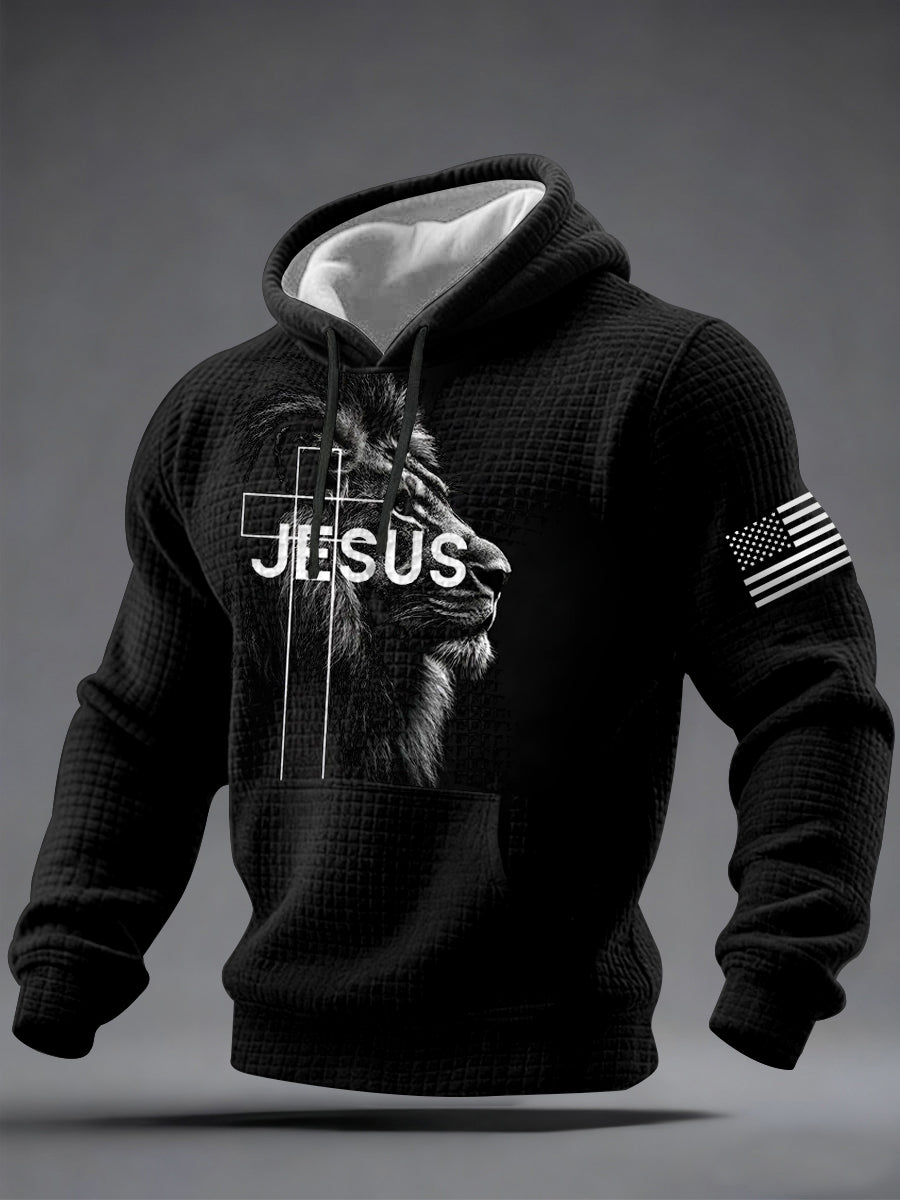 Men's Jesus Lion Print Casual Checkered Hoodie