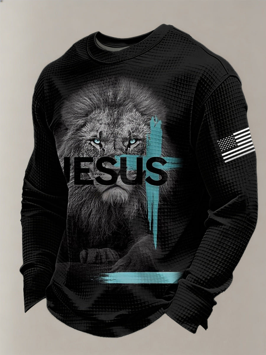 Men's Jesus Lion USA Flag Print Casual Long Sleeve T-Shirt