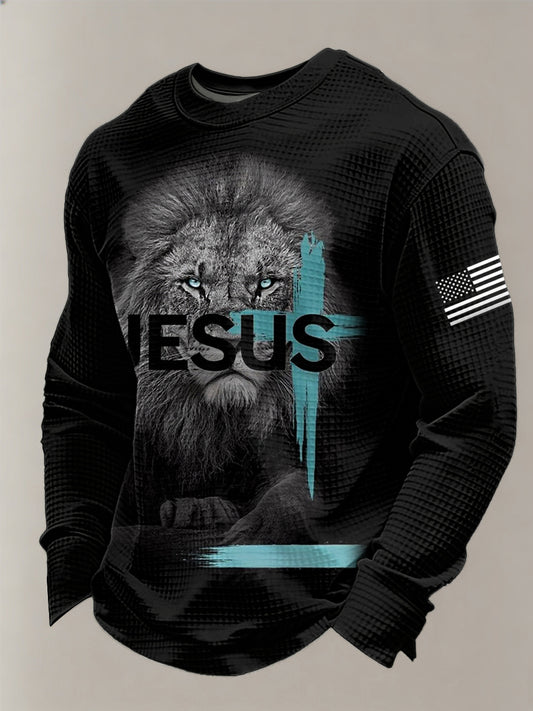 Men's Jesus Lion USA Flag Print Casual Long Sleeve T-Shirt